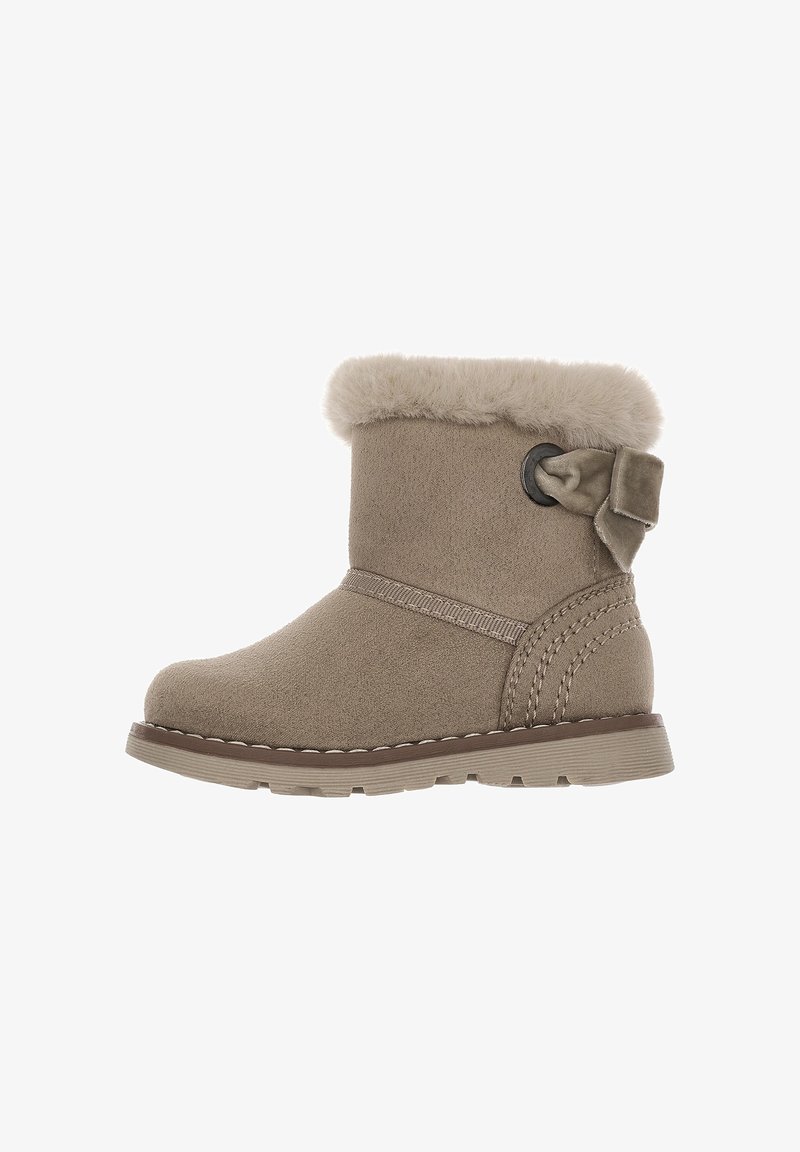 Bottine beige en daim avec col en fourrure douce, nœud décoratif sur le côté et semelle en caoutchouc cousue pour l’hiver.