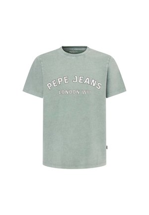 Mintgroene katoenen T-shirt met de tekst "PEPE JEANS LONDON W11" in wit en donkergrijs, ronde halslijn en korte mouwen.