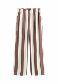 Pantaloni ampi a righe caratterizzati da righe verticali alternate in marrone tenue e crema. Vita elastica con tasche laterali, texture del tessuto liscia.