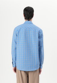 Blau kariertes Langarmhemd mit Button-Down-Kragen, normaler Passform und geradem Saum. Das Material wirkt leicht und hat eine dezente Textur.