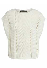 Haut en tricot blanc à manches courtes, présentant un motif en vagues et une texture en tricot ouvert. Encolure ronde et coupe ample et décontractée.