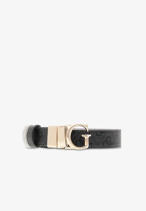 Ceinture en cuir noir avec finition texturée et grande boucle dorée en forme de lettre G sur fond blanc.