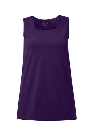 Haut femme sans manches violet uni avec un col carré et un ourlet droit, présenté sur fond blanc.