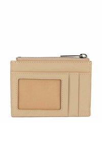 Portafoglio in pelle beige con finestra per ID trasparente, diverse fessure per carte e una tasca con zip nella parte superiore. Texture liscia.