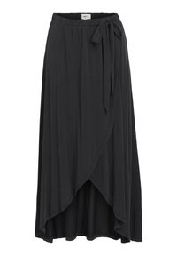 Jupe noire en tissu léger. Elle présente une taille nouée et un ourlet fluide et asymétrique avec une texture douce.