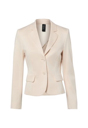 Crèmekleurig damesblazer met twee knopen aan de voorkant, ingesneden revers, klepzakken en lange mouwen.