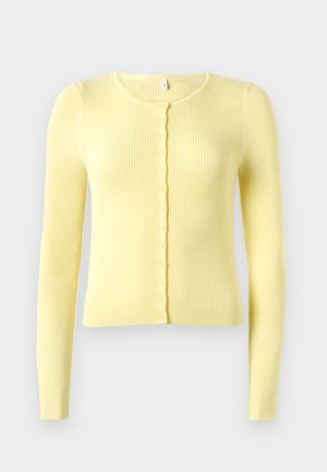 Gelb gerippter Langarm-Cardigan mit rundem Halsausschnitt und durchgehender Knopfleiste, der eine schmale Passform und eine weiche Textur aufweist.
