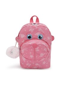 Lyserød børne rygsæk med hvide stjerner og kattemønstre, store googly øjne, en frontlomme med lynlås og en fluffy lyserød pom-pom nøglering, der er fastgjort.