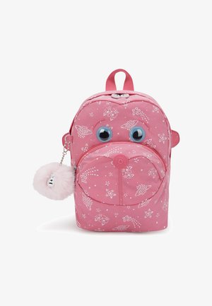 Zaino per bambini rosa con motivi di stelle e gatti bianchi, grandi occhi mobili, una tasca frontale con zip e un portachiavi con pom pom rosa soffice attaccato.