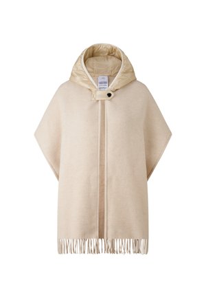 Beige wool blend poncho with a quilted hood. Features a snap closure, side slits, and fringe detailing along the hem.