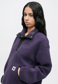 Naine pika musta juustega, seljas lilla fliisist pullover mustade nööpidega, seisab ühe käega taskus valge tausta ees.