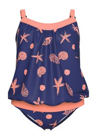 Marine zwemkleding met koraalkleurige accenten, voorzien van een gathered top en bedekt met schelpen en zeesterren. Tweedelige set met shorts.