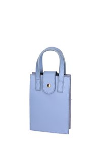 Piccola borsa strutturata in pelle blu chiaro. Caratterizzata da doppi manici, chiusura a pattina con bottone a pressione dorato e dettagli di cucitura visibili.