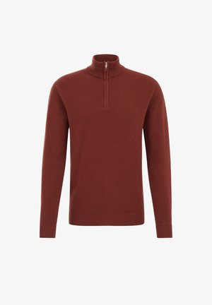 Rūsganas krāsas adīta džemperis ar augstu apkakli un pusi rāvējslēdzēja. Iezīmēts ar teksturētu rakstu un ribotiem piedurknēm un apakšmalu.