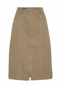 Falda de denim color caqui con cremallera frontal, bolsillos de parche y detalles de paneles cosidos. Silueta recta, corte a la altura de la rodilla, diseño minimalista.