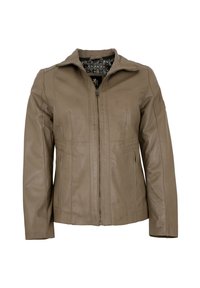 Braune Lederjacke mit Reißverschluss auf der Vorderseite, spitzem Kragen und zwei Vordertaschen. Das Innenfutter hat ein gemustertes Design.