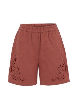 Legere Shorts in Rostfarbe mit elastischem Bund und dekorativer, ausgeschnittener Blumenstickerei an beiden Beinen.