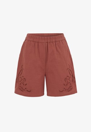 Legere Shorts in Rostfarbe mit elastischem Bund und dekorativer, ausgeschnittener Blumenstickerei an beiden Beinen.