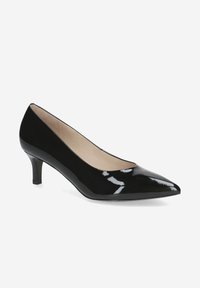 Chaussure à talon haut en cuir verni noir avec un design à bout pointu, talon de 5 cm, et un intérieur minimaliste. Texture lisse et brillante.
