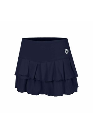 Dunkel marineblauer, gestufter Rüsch-Minirock mit breitem Bund und kleinem weißem rundem Logo an der Seite.