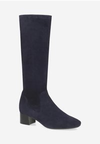 Marineblaue Wildlederkniehohe Stiefel mit spitzer Zehenpartie, Blockabsatz und glatter Textur. Mit dehnbaren Seiteneinsätzen für ein einfaches Anziehen.