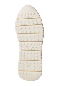 Semelle de chaussure en caoutchouc blanc avec motifs d'adhérence texturés, présentant des accents circulaires en relief et le nom de la marque gravé "Tamaris" ainsi que la taille "37".