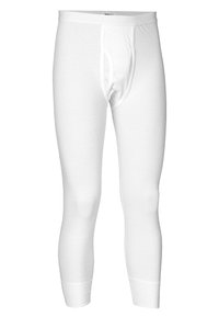 White cotton long underwear with a fitted design, elastic waistband, and a front fly opening. Smooth texture and no visible patterns.