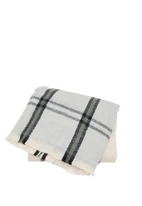 Coperta tessuta con base grigio chiaro, caratterizzata da un motivo a quadri neri e verdi scuri. I bordi sono leggermente sfilacciati, aggiungendo texture.