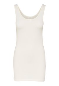 Fitted, sleeveless tank top in cream fabric. Smooth texture with a round neckline and a straight hem. Minimalist design, no embellishments.