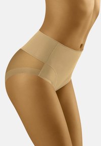 Beige Unterwäsche mit hoher Taille aus einem glatten Material, das ein nahtloses Design aufweist und mit transparenten Mesh-Einsätzen an den Seiten für atmungsaktiven Komfort versehen ist.