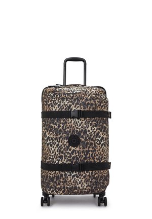 Rolling suitcase with a leopard print design, black straps, and a circular logo. The material is durable and the wheels are smooth for easy transport.