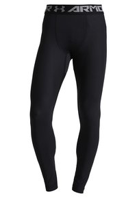 Black compression leggings made from a smooth, elastic fabric. Features a wide, gray logo waistband and a form-fitting design.