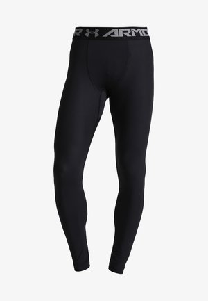 Schwarze Kompressionsleggings aus einem glatten, elastischen Stoff. Sie haben einen breiten, grauen Logo-Gummibund und ein körpernahes Design.