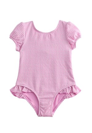 Roze textuur korte mouw baby badpak met pofmouwtjes en ruches bij de pijpjes.