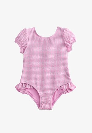 Różowy teksturowany krótki strój kąpielowy dla niemowląt z bufkami na rękawach i falbankami przy otworach na nogi.