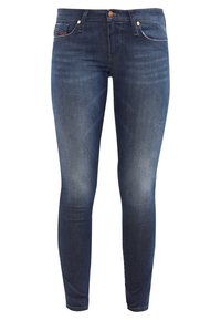 Blå denim skinny jeans med midjehöjd, framfickor och en enda bakficka prydd med en liten logotyp. Blekt mönster på låren.