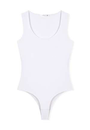 Body bianco senza maniche con scollatura rotonda e gambe a gamba alta, realizzato in materiale morbido. Nessun motivo o dettagli metallici visibili.