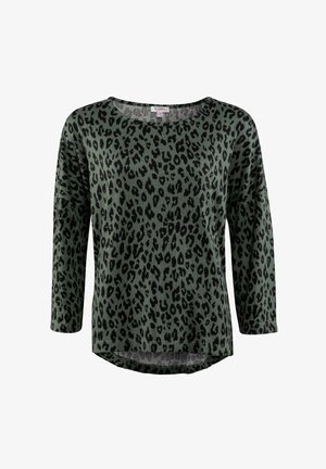 Grünes Langarmshirt mit schwarzem Leopardenmuster, rundem Halsausschnitt und einem leicht verlängerten hinteren Saum für zusätzlichen Stil.