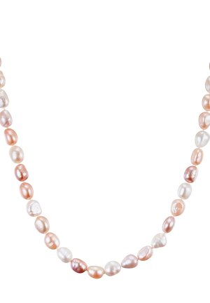 Kette aus unregelmäßig geformten Perlen in den Farbtönen Weiß, Rosa und Pfirsich auf weißem Hintergrund.