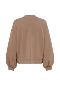 Brown oversized sweatshirt with a rounded collar, drop shoulders, long puffed sleeves, and ribbed cuffs. Soft, textured fabric.