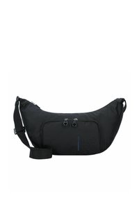Borsa a tracolla nera in nylon con design curvo, due scomparti con zip, tracolla regolabile e logo impresso sul fronte.