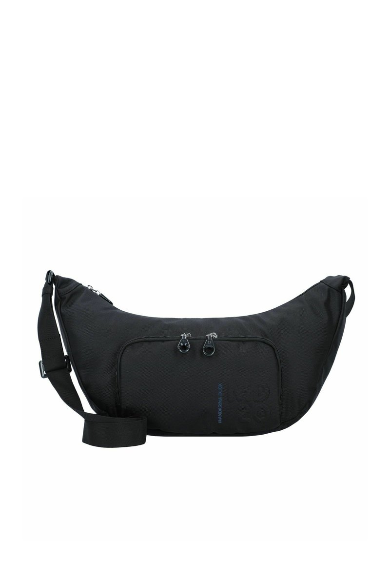 Borsa a tracolla nera in nylon con design curvo, due scomparti con zip, tracolla regolabile e logo impresso sul fronte.