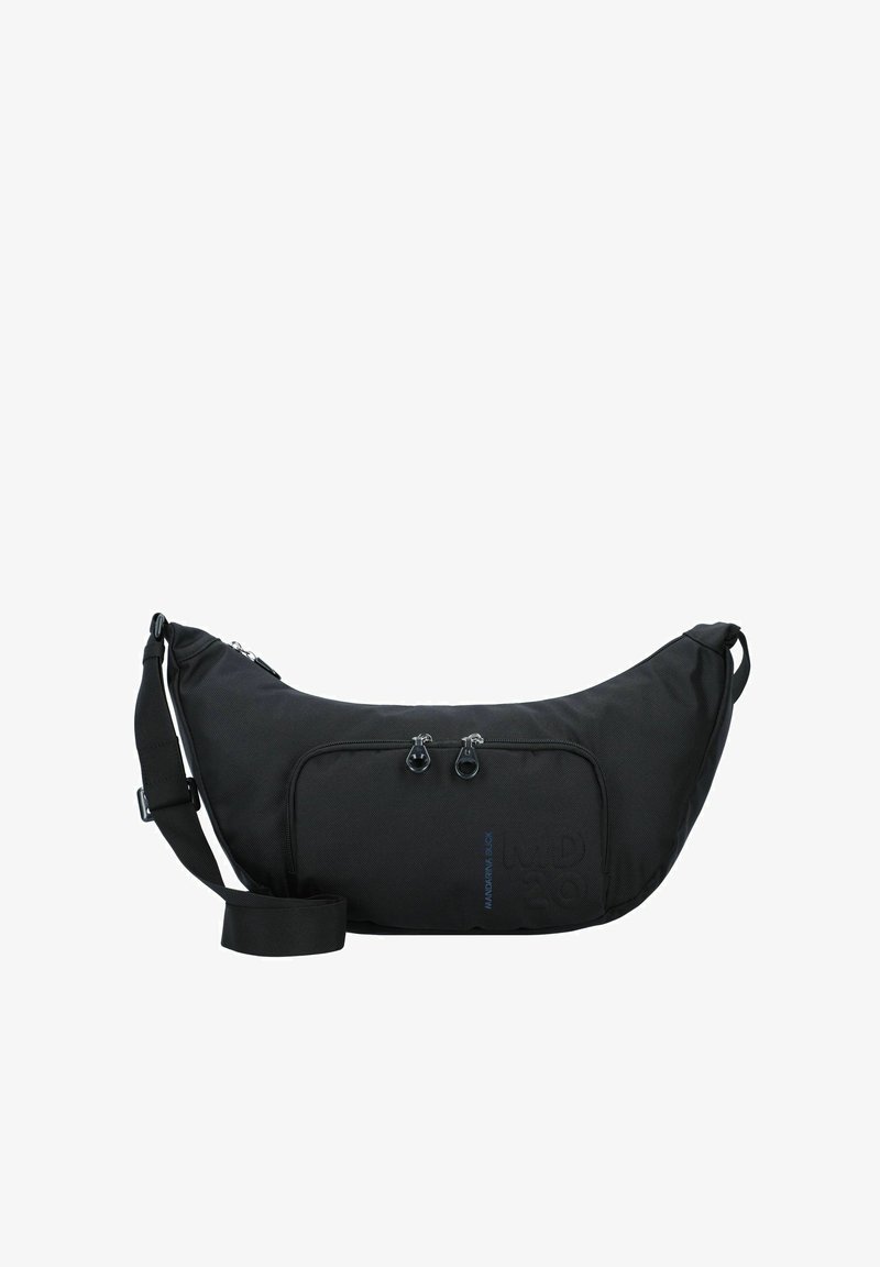 Borsa a tracolla nera in nylon con design curvo, due scomparti con zip, tracolla regolabile e logo impresso sul fronte.