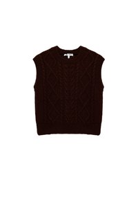 Maglione senza maniche marrone in misto lana con un design a trecce testurizzate, collo a giro, e orlo a costine.