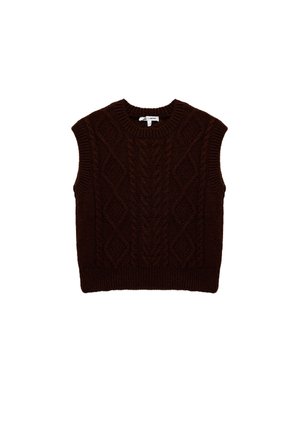 Pull sans manches en tricot marron avec un motif en torsades texturé, un col rond et un ourlet côtelé.