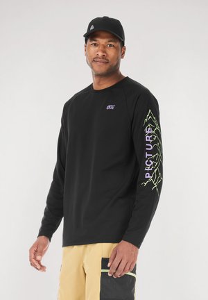 Black long-sleeve shirt with a purple logo on the chest and green mountain graphic along the left sleeve, made of soft fabric.