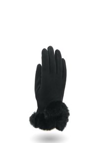 Guanto invernale nero con morbido bordo in pelliccia attorno al polso, mostrato con le dita unite e il palmo rivolto verso il basso.