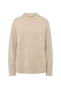 Beige sweater with high collar, ribbed hem and cuffs, featuring textured blue accents along the shoulders. Soft knit material.