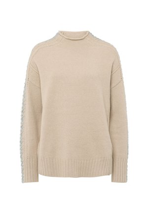 Beige sweater with high collar, ribbed hem and cuffs, featuring textured blue accents along the shoulders. Soft knit material.