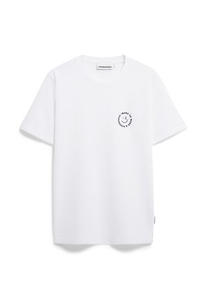 T-shirt bianca in cotone con scollatura rotonda, maniche corte e un piccolo logo con faccina sorridente stampato sul lato sinistro del petto.
